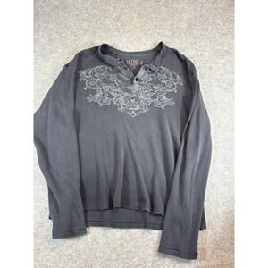 LL Cool J Long Sleeve Henley Shirt Mens XL Black Waffle Knit Intricate Graphic